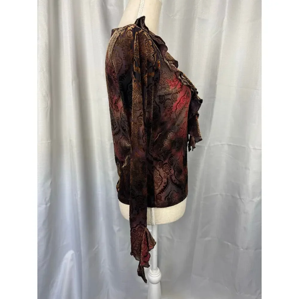 DressBarn Burnout Velvet Mesh Ruffle Top Sheer Floral Metallic Bell Sleeve - Picture 5 of 7